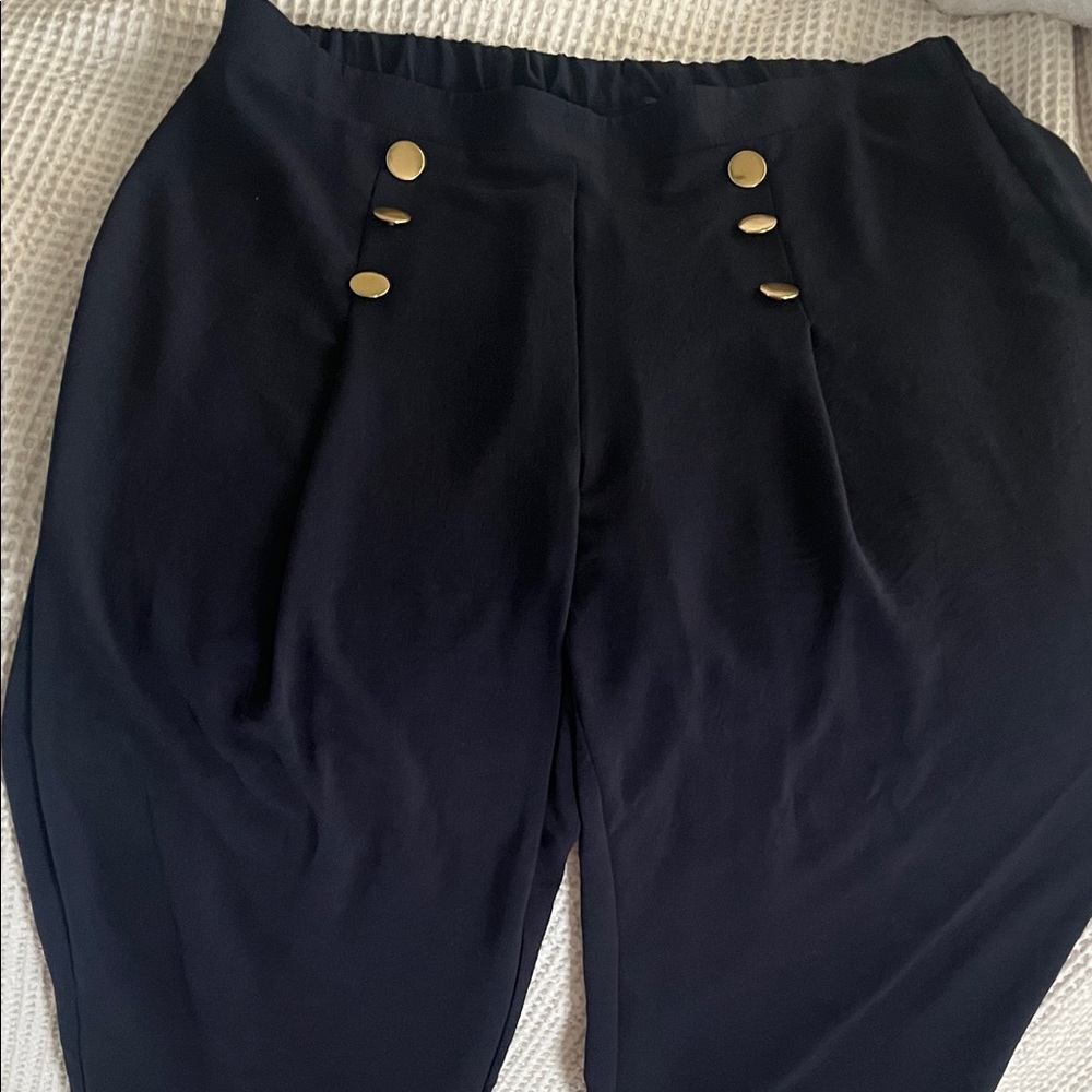 Wide Leg Navy Pull-On Pants with Gold Buttons